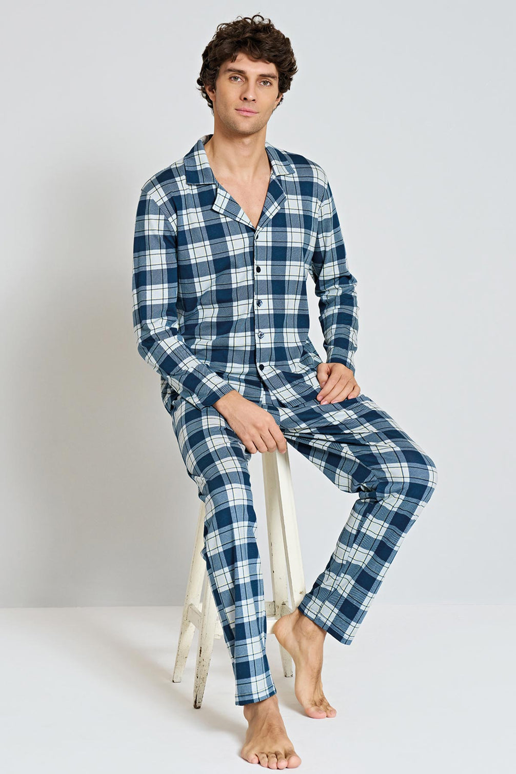 Pınarca Erkek Pijama Takımı Uzun Kollu Gömlek Yaka Penye Kareli