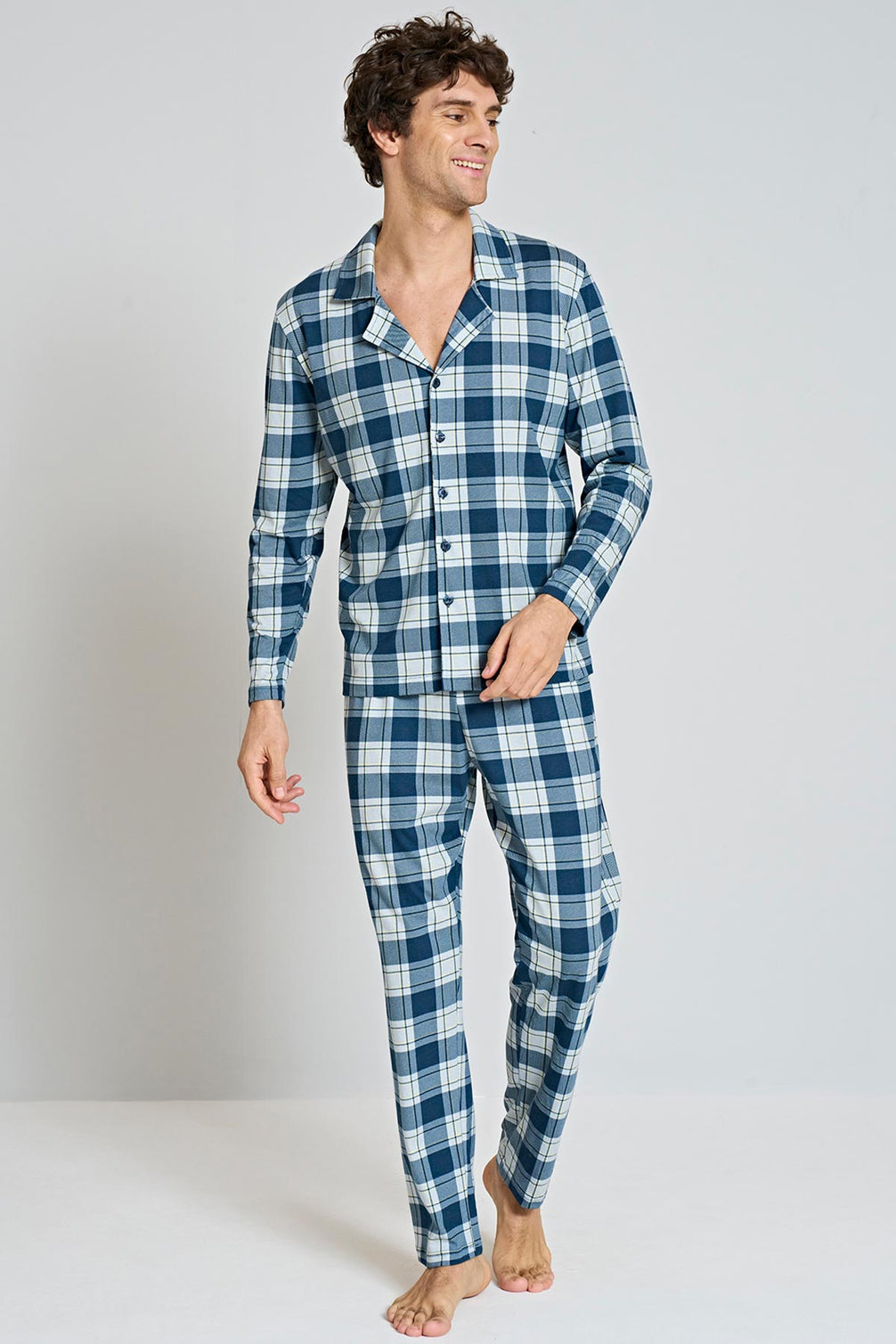 Pınarca Erkek Pijama Takımı Uzun Kollu Gömlek Yaka Penye Kareli Büyük Beden