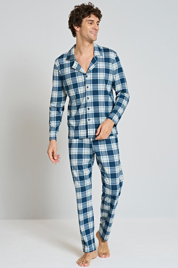 Pınarca Erkek Pijama Takımı Uzun Kollu Gömlek Yaka Penye Kareli Büyük Beden
