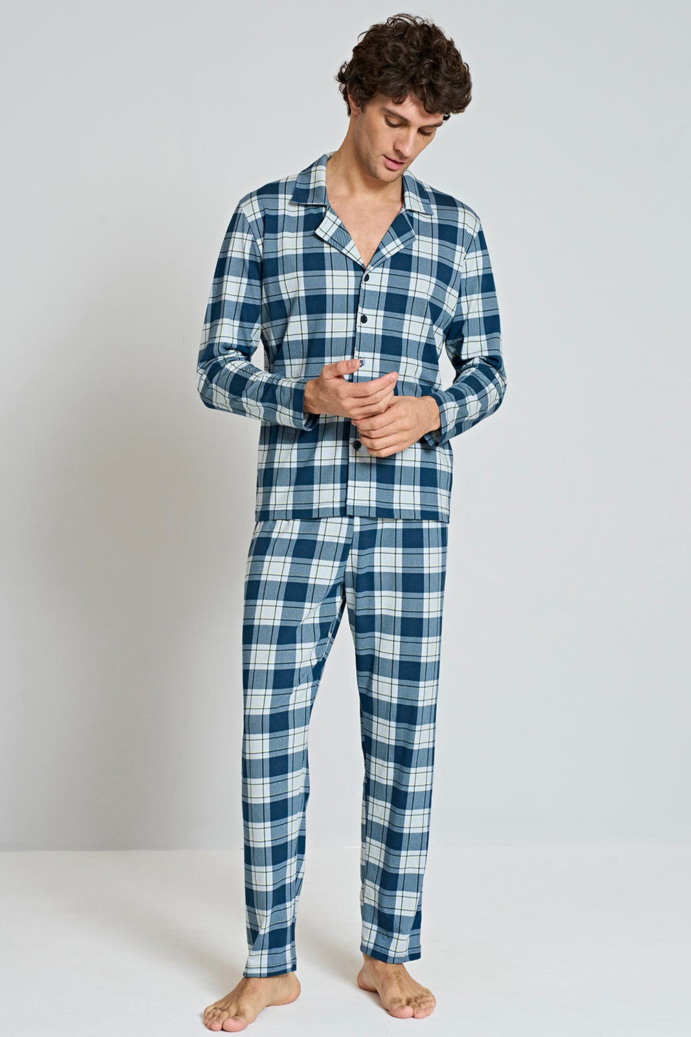 Pınarca Erkek Pijama Takımı Uzun Kollu Gömlek Yaka Penye Kareli Büyük Beden