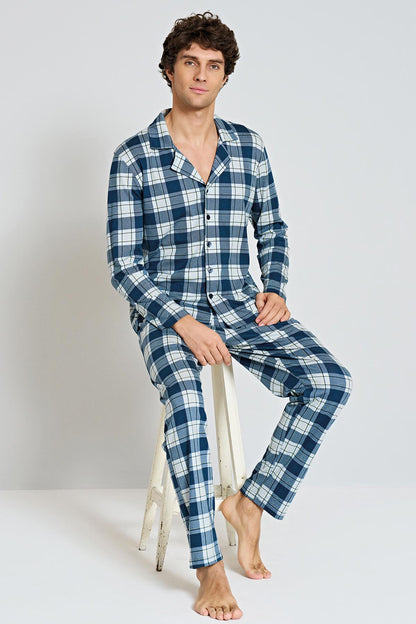 Pınarca Erkek Pijama Takımı Uzun Kollu Gömlek Yaka Penye Kareli Büyük Beden