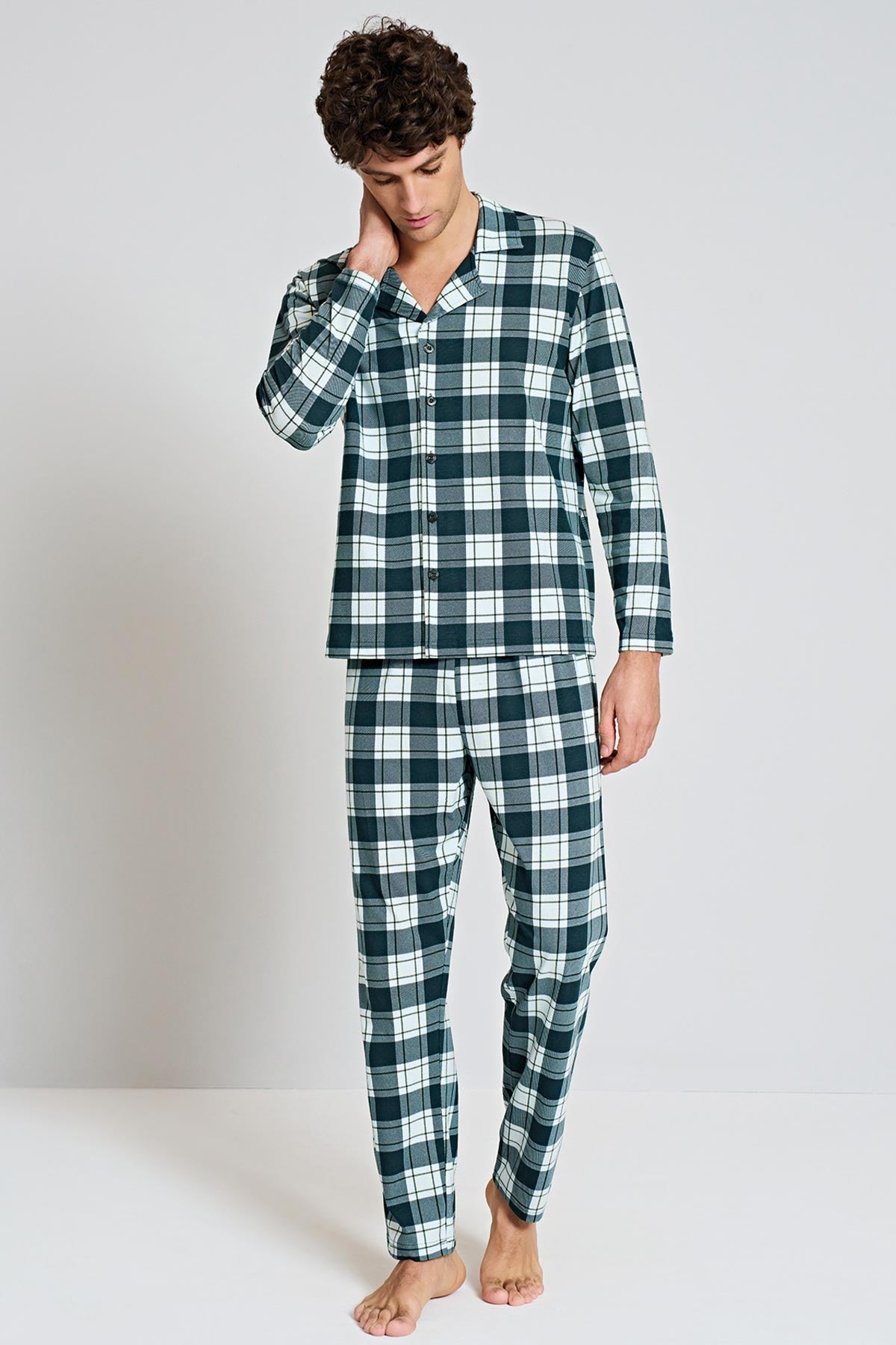 Pınarca Erkek Pijama Takımı Uzun Kollu Gömlek Yaka Penye Kareli Büyük Beden