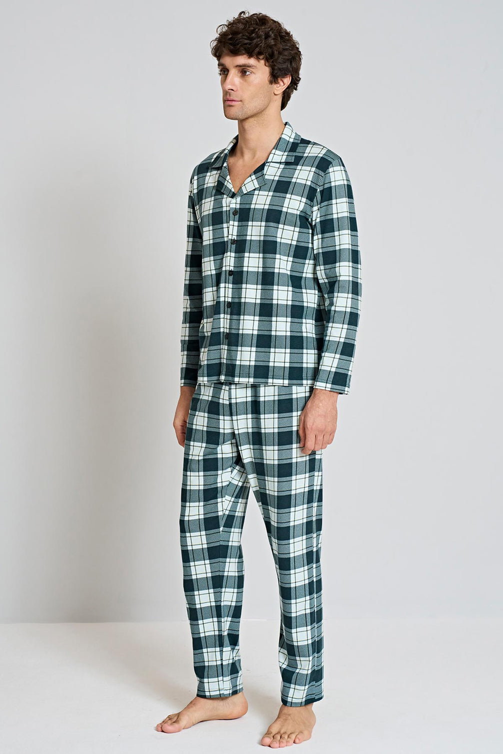Pınarca Erkek Pijama Takımı Uzun Kollu Gömlek Yaka Penye Kareli Büyük Beden