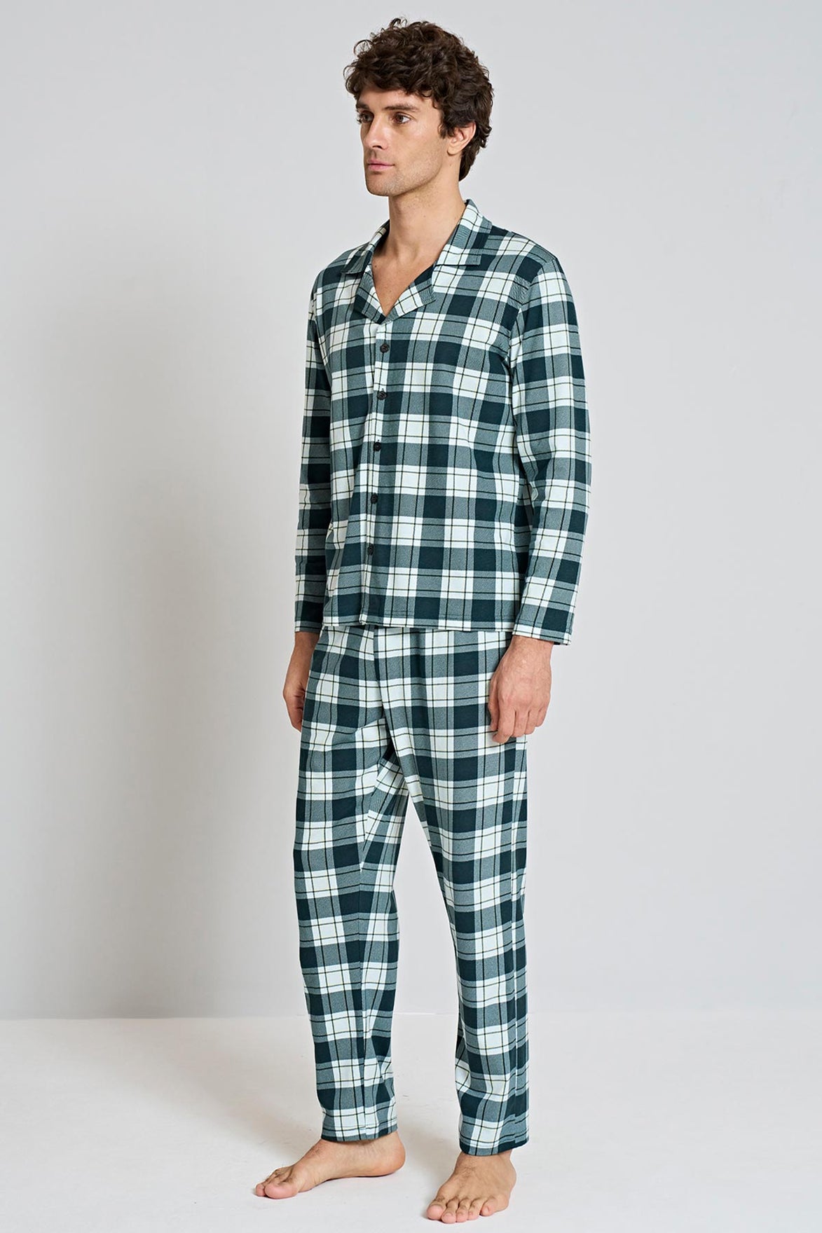 Pınarca Erkek Pijama Takımı Uzun Kollu Gömlek Yaka Penye Kareli Büyük Beden