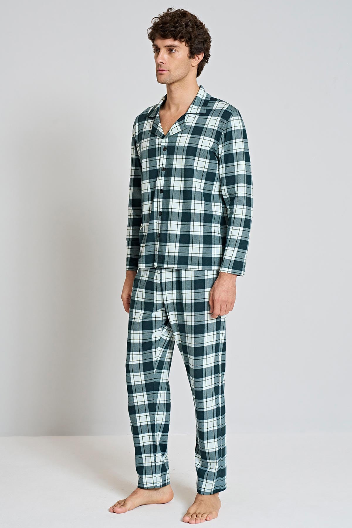 Pınarca Erkek Pijama Takımı Uzun Kollu Gömlek Yaka Penye Kareli Büyük Beden