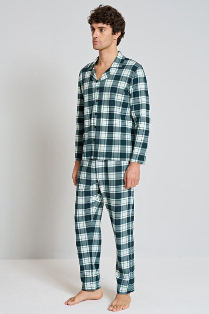 Pınarca Erkek Pijama Takımı Uzun Kollu Gömlek Yaka Penye Kareli Büyük Beden