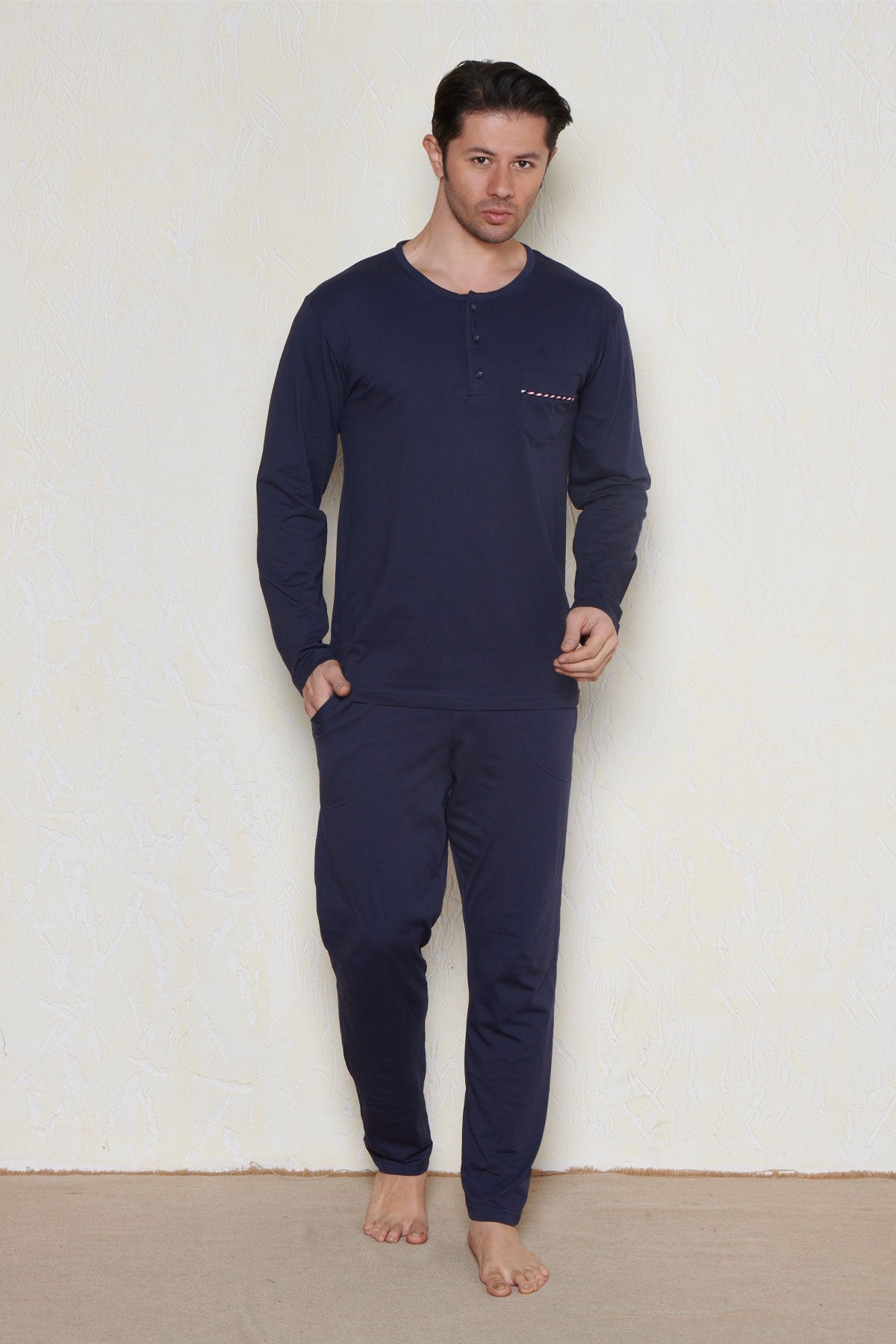 Pınarca Erkek Pijama Takımı Uzun KolluCepli Düğmeli Uzun Kollu