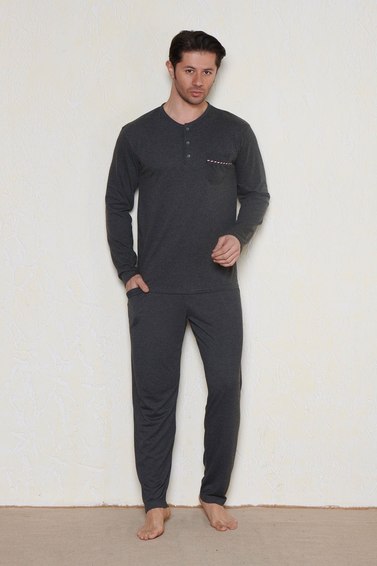 Pınarca Erkek Pijama Takımı Uzun KolluCepli Düğmeli Uzun Kollu