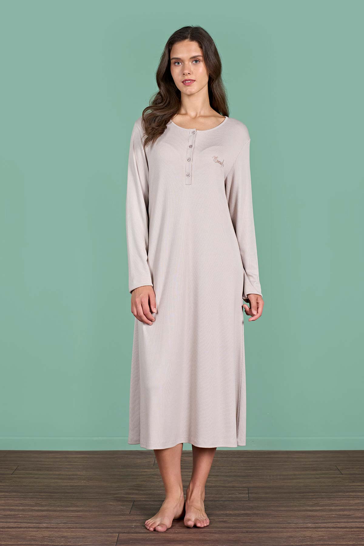 Pınarca Kadın Gecelik Uzun Kollu Düğmeli Düz Melisa