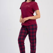 Pınarca Kadın Pijama Takım Büyük Beden Kısa Kollu Pamuklu Bisiklet Yaka Ekose Desenli