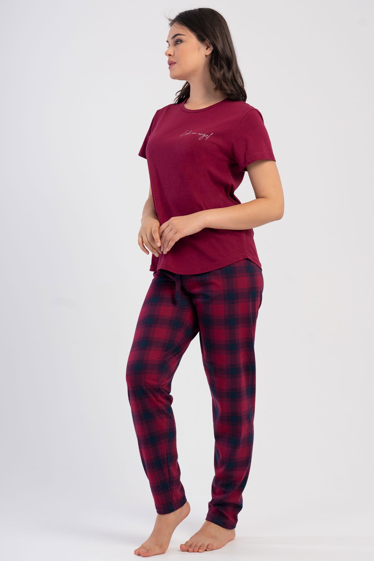 Pınarca Kadın Pijama Takım Büyük Beden Kısa Kollu Pamuklu Bisiklet Yaka Ekose Desenli