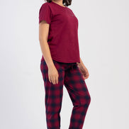 Pınarca Kadın Pijama Takım Büyük Beden Kısa Kollu Pamuklu Bisiklet Yaka Ekose Desenli