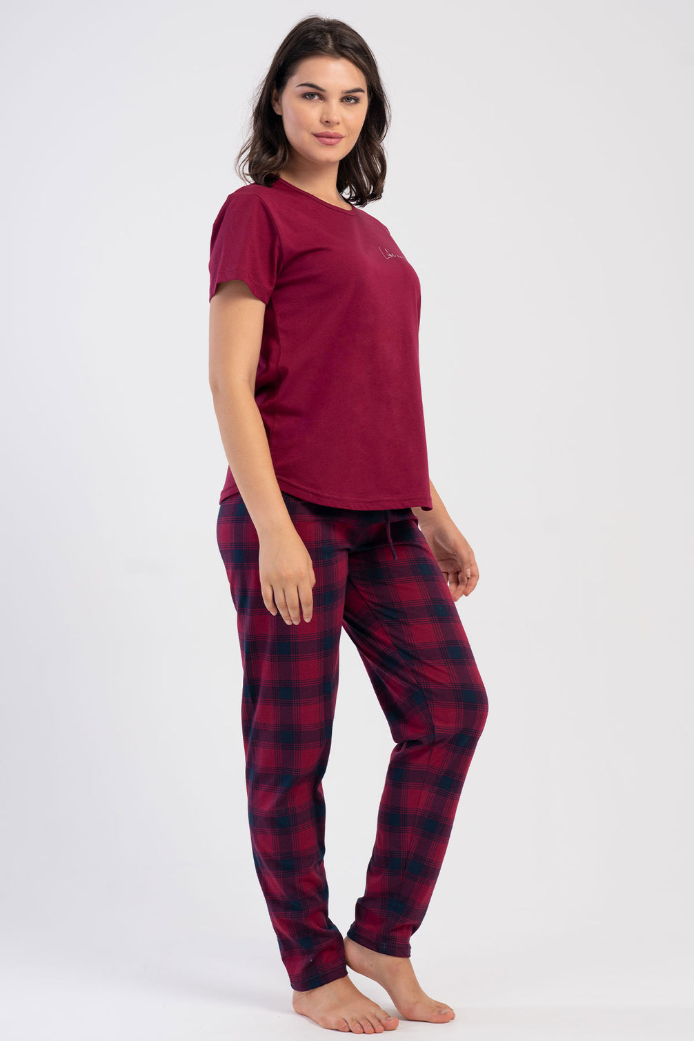Pınarca Kadın Pijama Takım Büyük Beden Kısa Kollu Pamuklu Bisiklet Yaka Ekose Desenli