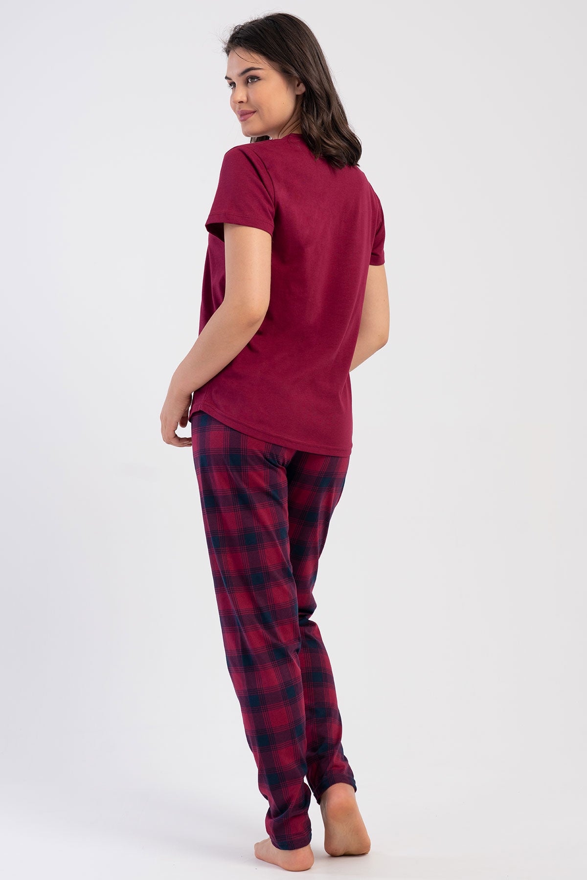 Pınarca Kadın Pijama Takım Büyük Beden Kısa Kollu Pamuklu Bisiklet Yaka Ekose Desenli