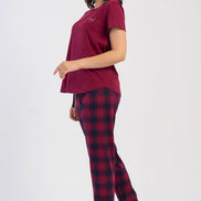 Pınarca Kadın Pijama Takım Büyük Beden Kısa Kollu Pamuklu Bisiklet Yaka Ekose Desenli