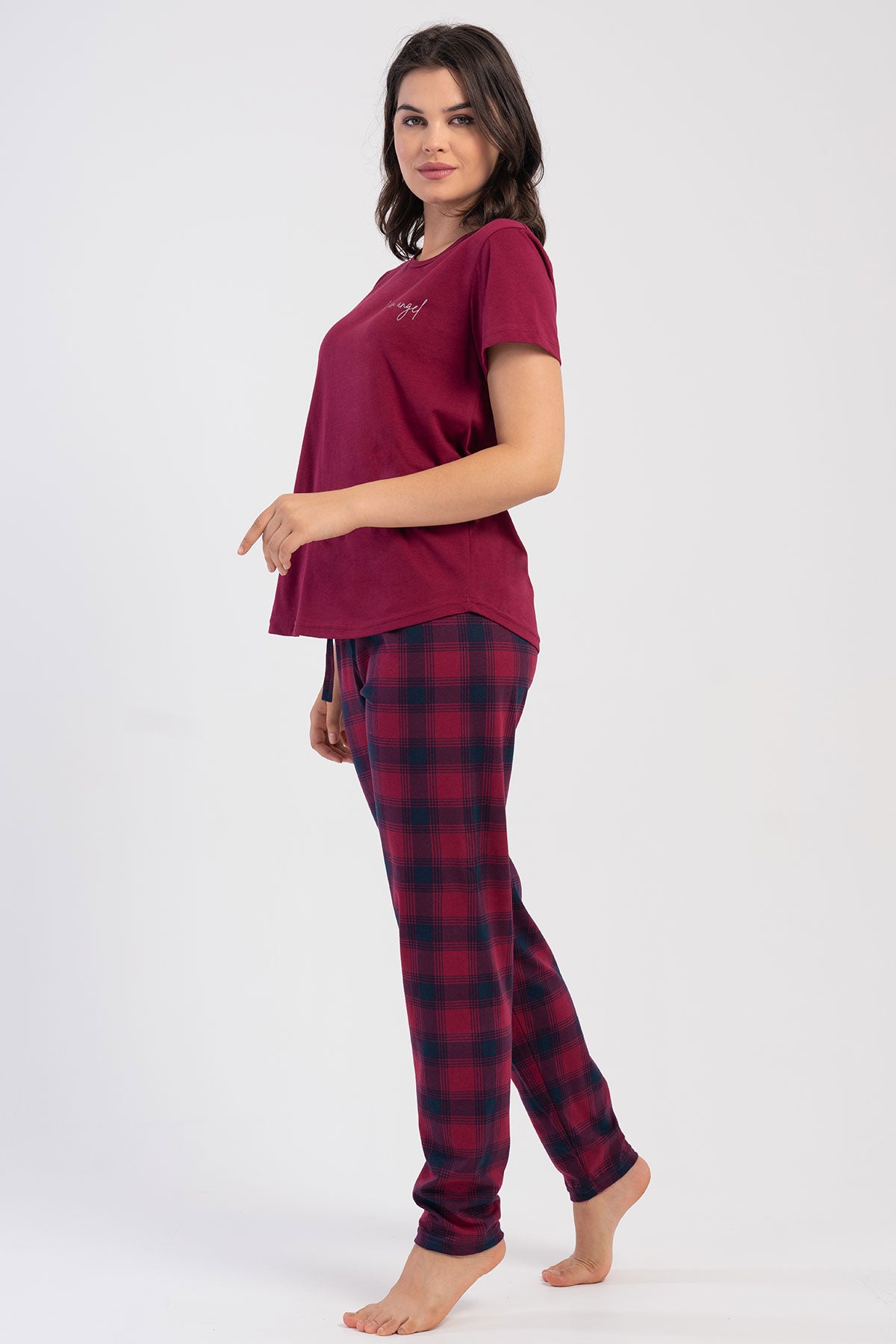 Pınarca Kadın Pijama Takım Büyük Beden Kısa Kollu Pamuklu Bisiklet Yaka Ekose Desenli