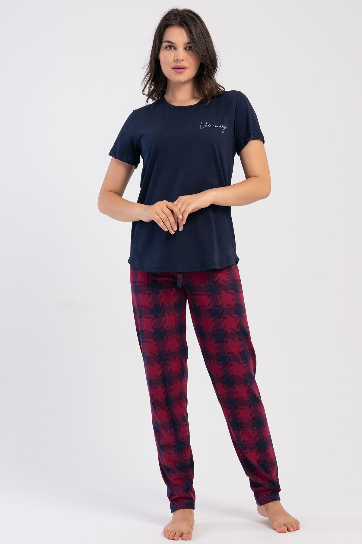 Pınarca Kadın Pijama Takım Büyük Beden Kısa Kollu Pamuklu Bisiklet Yaka Ekose Desenli