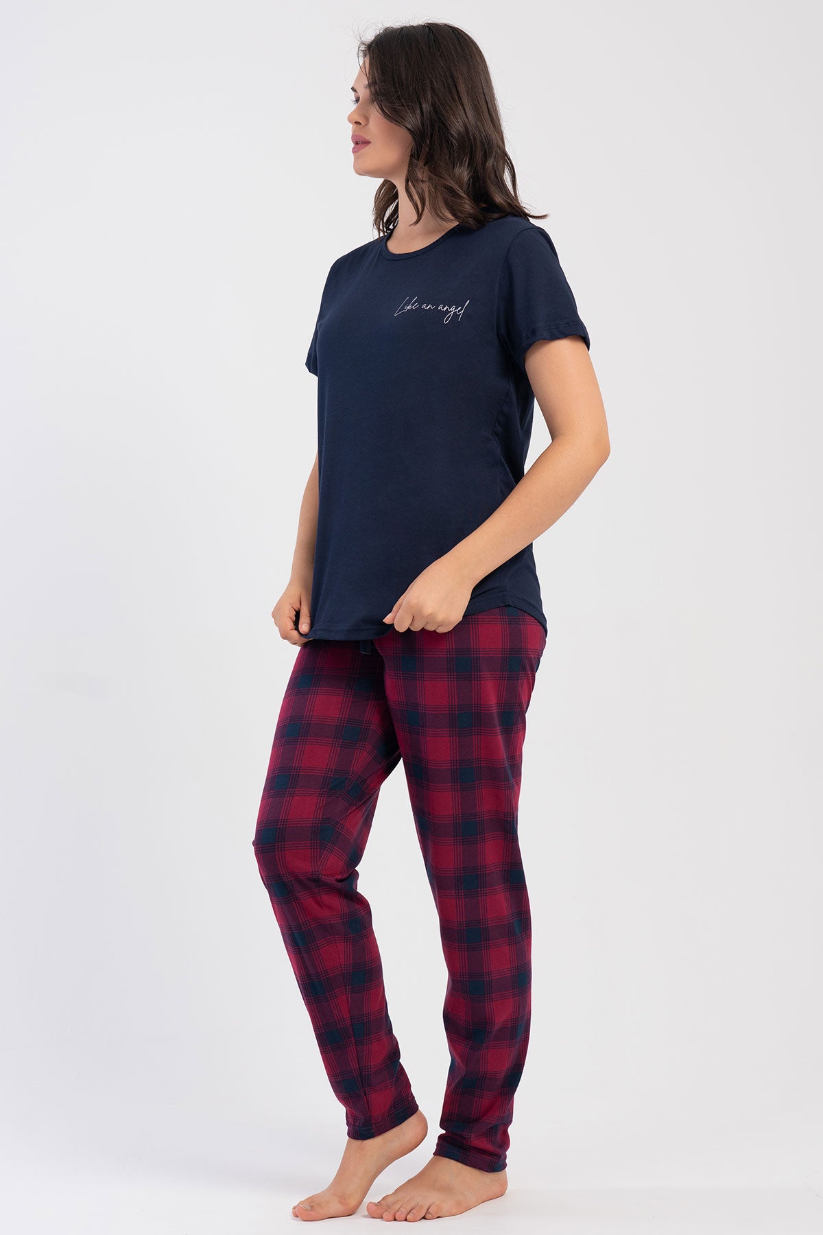 Pınarca Kadın Pijama Takım Büyük Beden Kısa Kollu Pamuklu Bisiklet Yaka Ekose Desenli