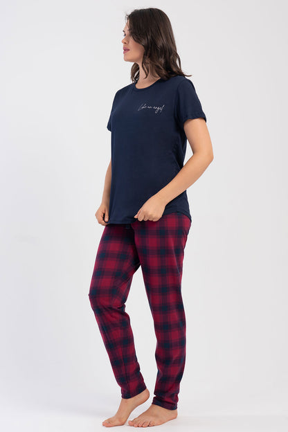 Pınarca Kadın Pijama Takım Büyük Beden Kısa Kollu Pamuklu Bisiklet Yaka Ekose Desenli