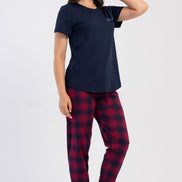 Pınarca Kadın Pijama Takım Büyük Beden Kısa Kollu Pamuklu Bisiklet Yaka Ekose Desenli