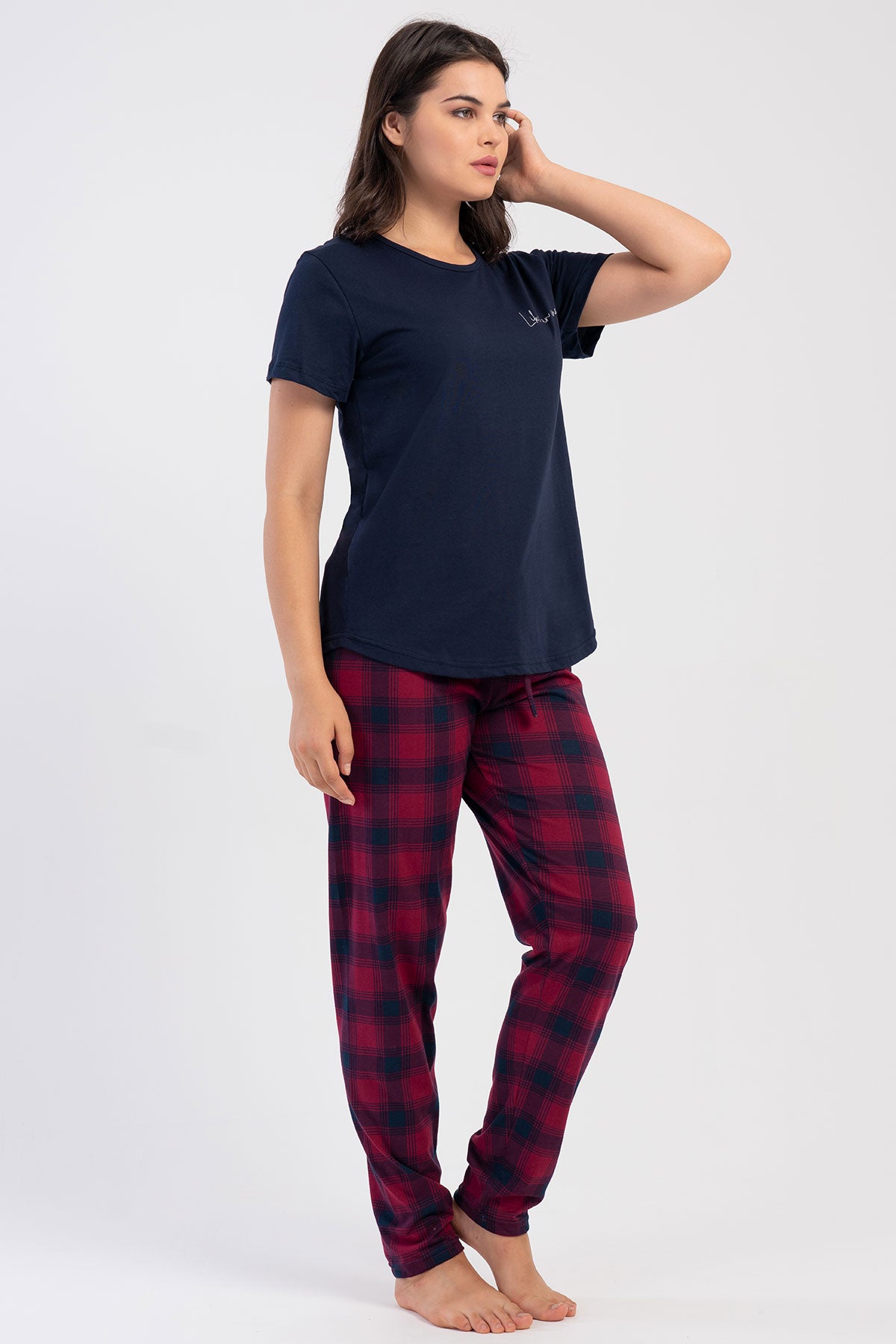Pınarca Kadın Pijama Takım Büyük Beden Kısa Kollu Pamuklu Bisiklet Yaka Ekose Desenli