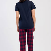 Pınarca Kadın Pijama Takım Büyük Beden Kısa Kollu Pamuklu Bisiklet Yaka Ekose Desenli