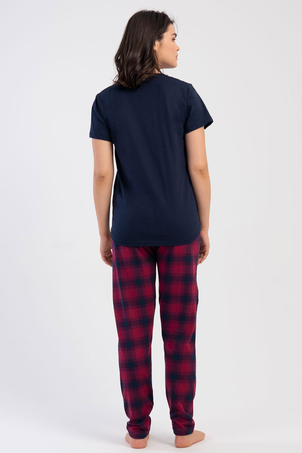 Pınarca Kadın Pijama Takım Büyük Beden Kısa Kollu Pamuklu Bisiklet Yaka Ekose Desenli