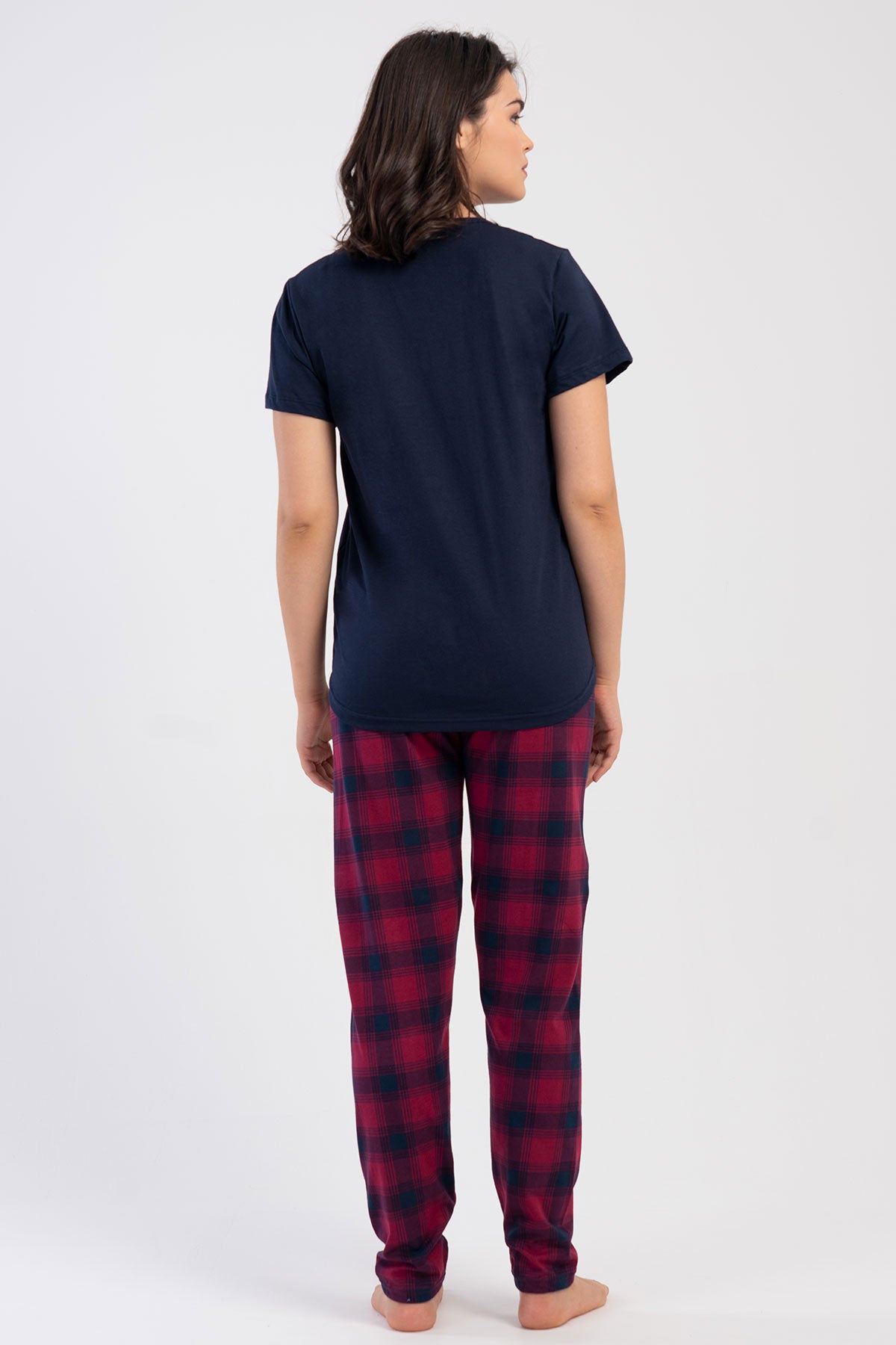 Pınarca Kadın Pijama Takım Büyük Beden Kısa Kollu Pamuklu Bisiklet Yaka Ekose Desenli