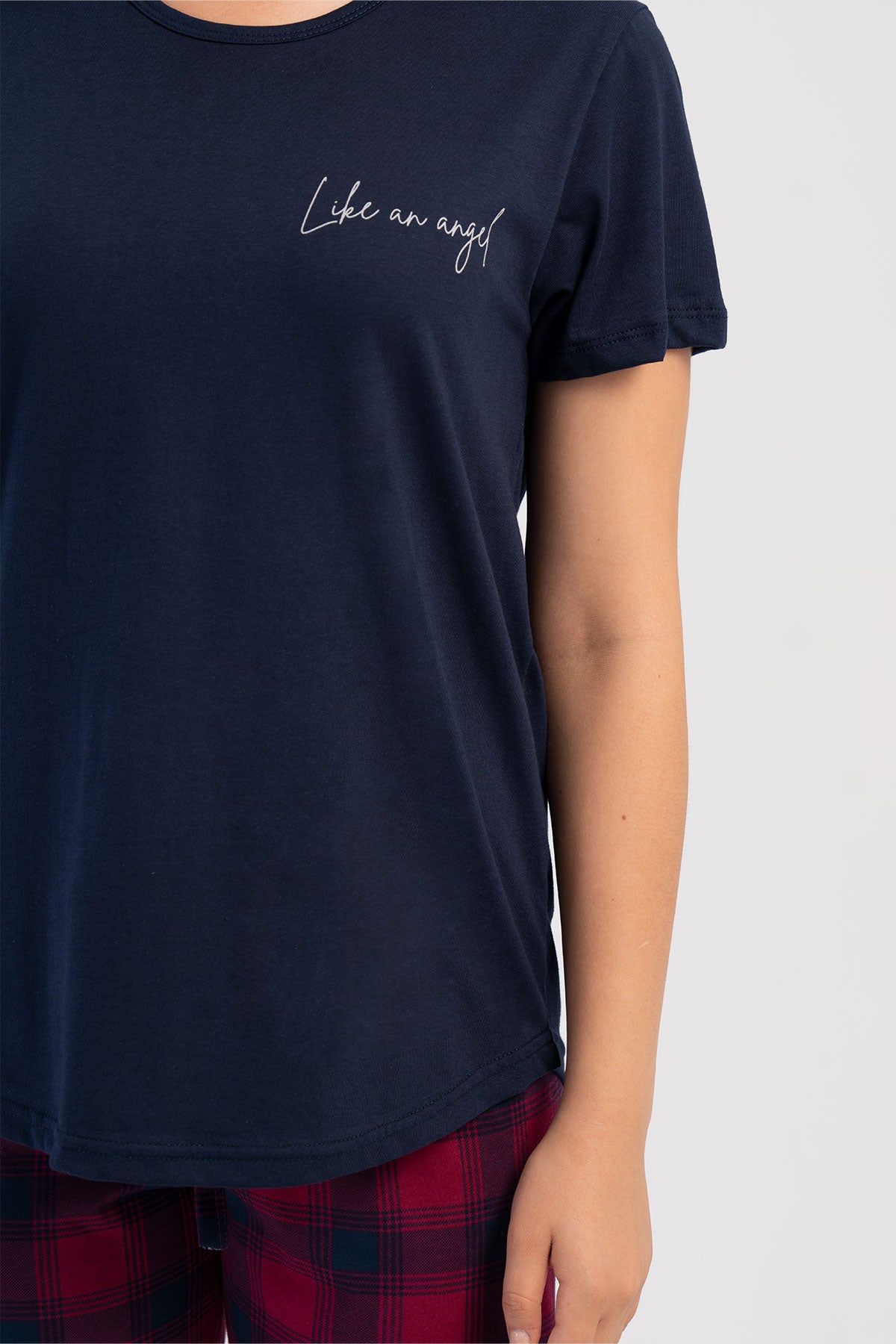 Pınarca Kadın Pijama Takım Büyük Beden Kısa Kollu Pamuklu Bisiklet Yaka Ekose Desenli