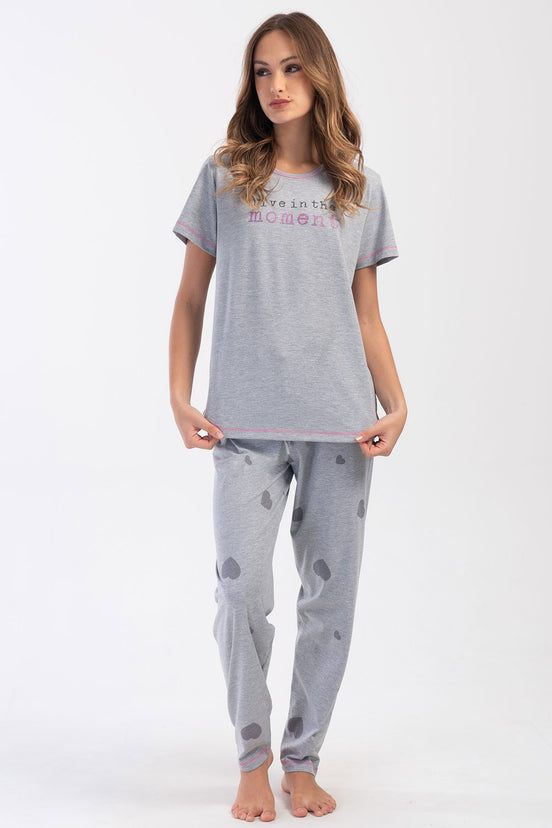 Pınarca Kadın Pijama Takım Büyük Beden Kısa Kollu Pamuklu Bisiklet Yaka Kalp Desenli