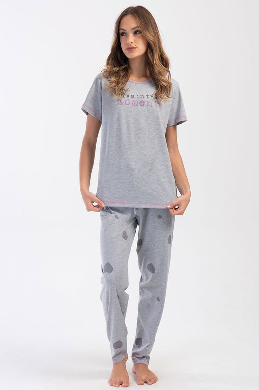 Pınarca Kadın Pijama Takım Büyük Beden Kısa Kollu Pamuklu Bisiklet Yaka Kalp Desenli