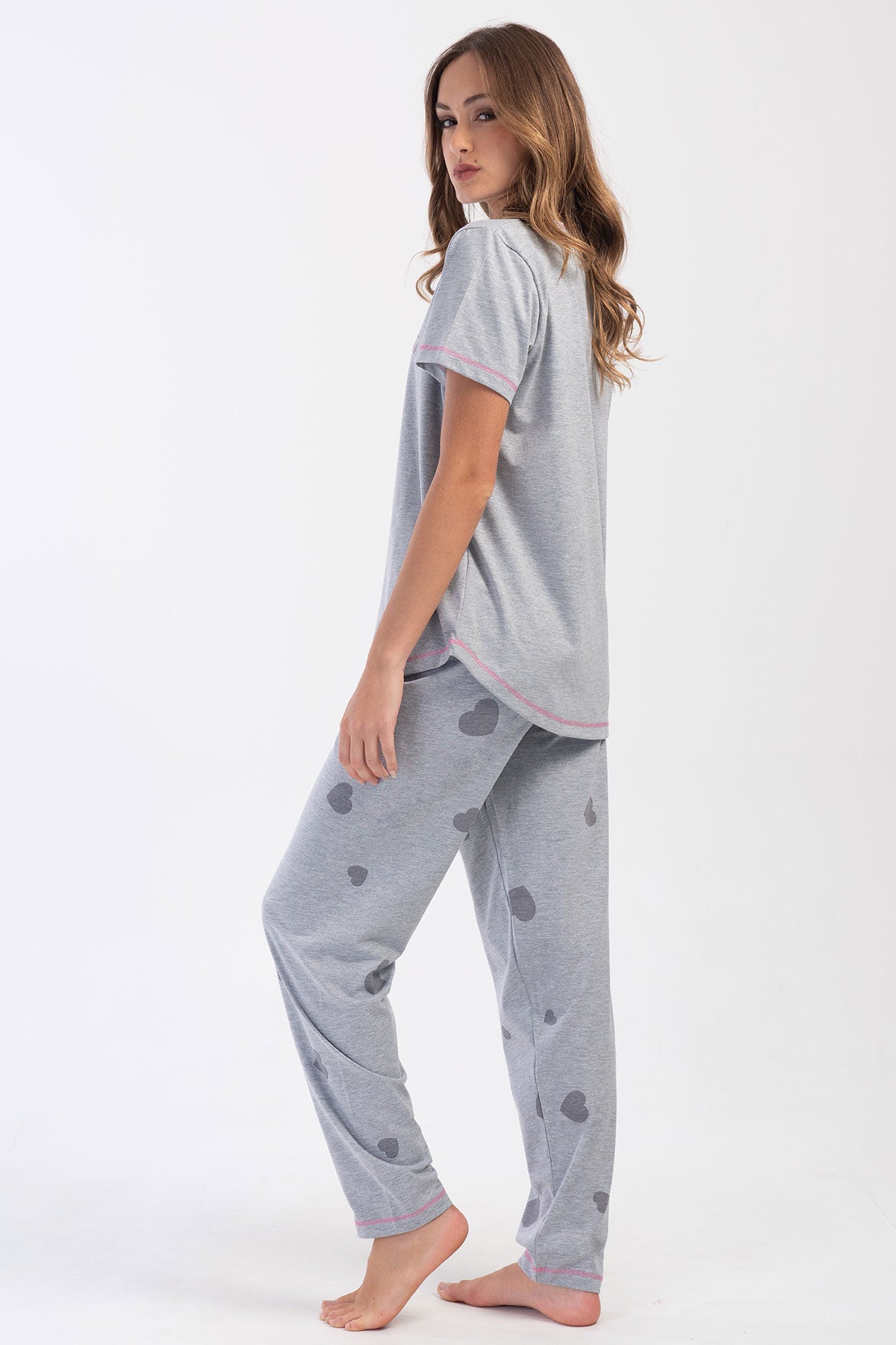 Pınarca Kadın Pijama Takım Büyük Beden Kısa Kollu Pamuklu Bisiklet Yaka Kalp Desenli