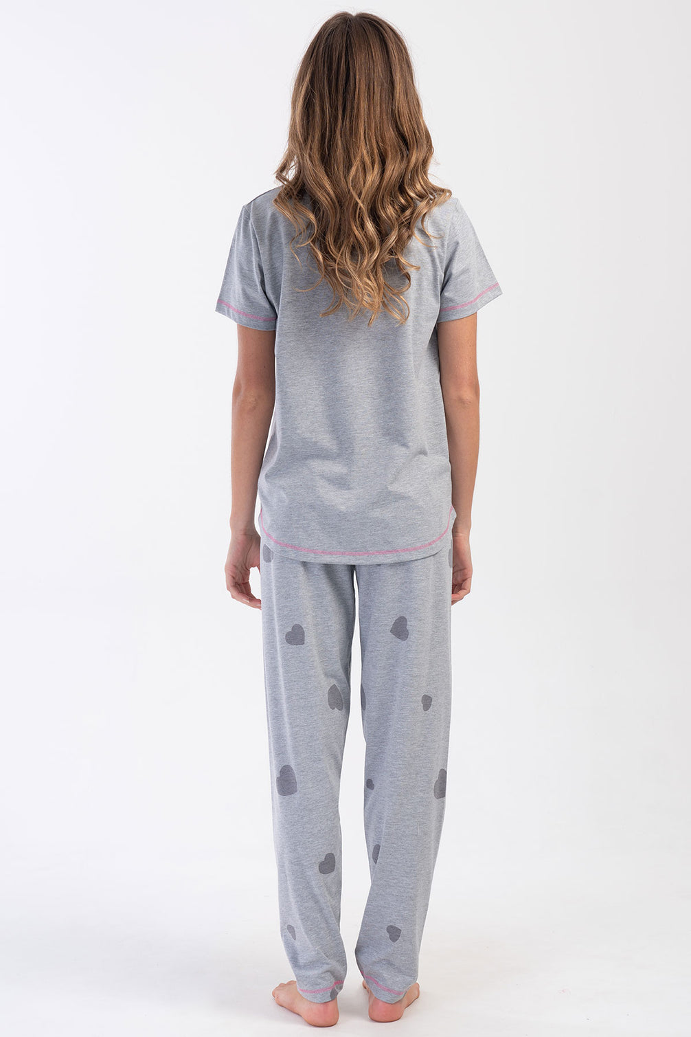 Pınarca Kadın Pijama Takım Büyük Beden Kısa Kollu Pamuklu Bisiklet Yaka Kalp Desenli