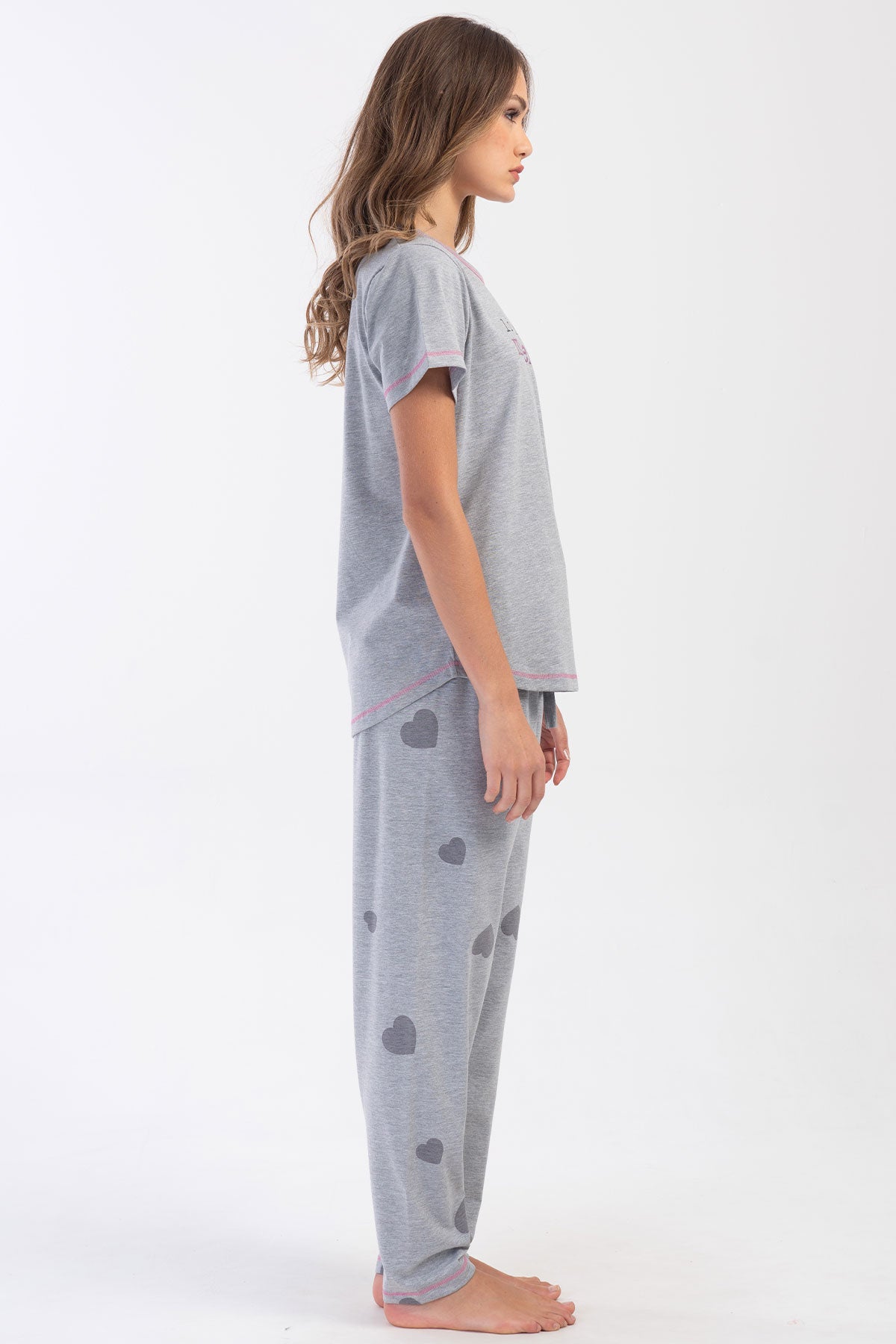 Pınarca Kadın Pijama Takım Büyük Beden Kısa Kollu Pamuklu Bisiklet Yaka Kalp Desenli