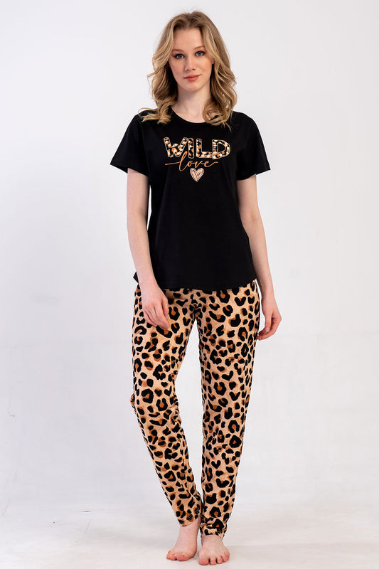 Pınarca Kadın Pijama Takım Büyük Beden Kısa Kollu Pamuklu Bisiklet Yaka Leopar Desenli