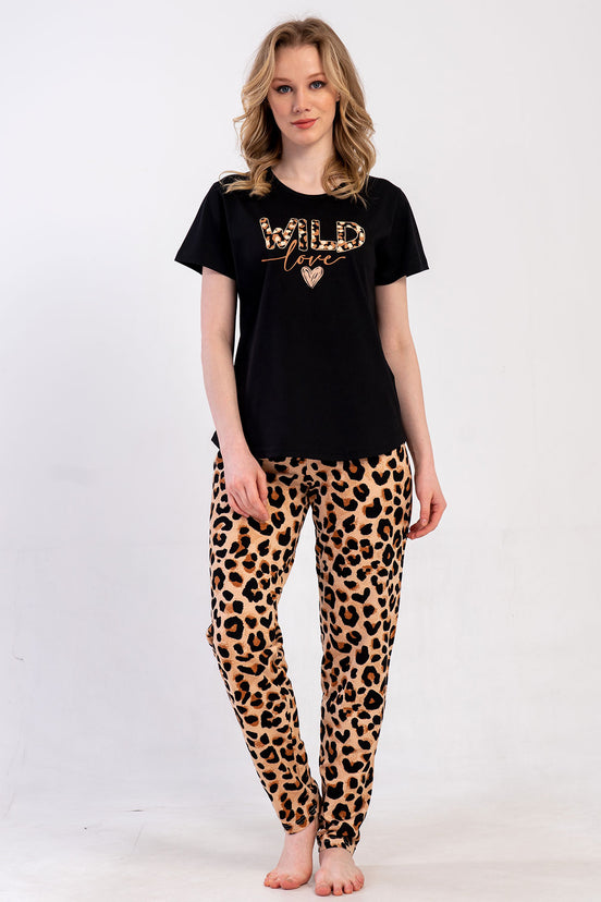 Pınarca Kadın Pijama Takım Büyük Beden Kısa Kollu Pamuklu Bisiklet Yaka Leopar Desenli