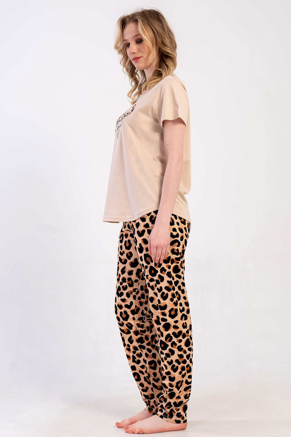 Pınarca Kadın Pijama Takım Büyük Beden Kısa Kollu Pamuklu Bisiklet Yaka Leopar Desenli