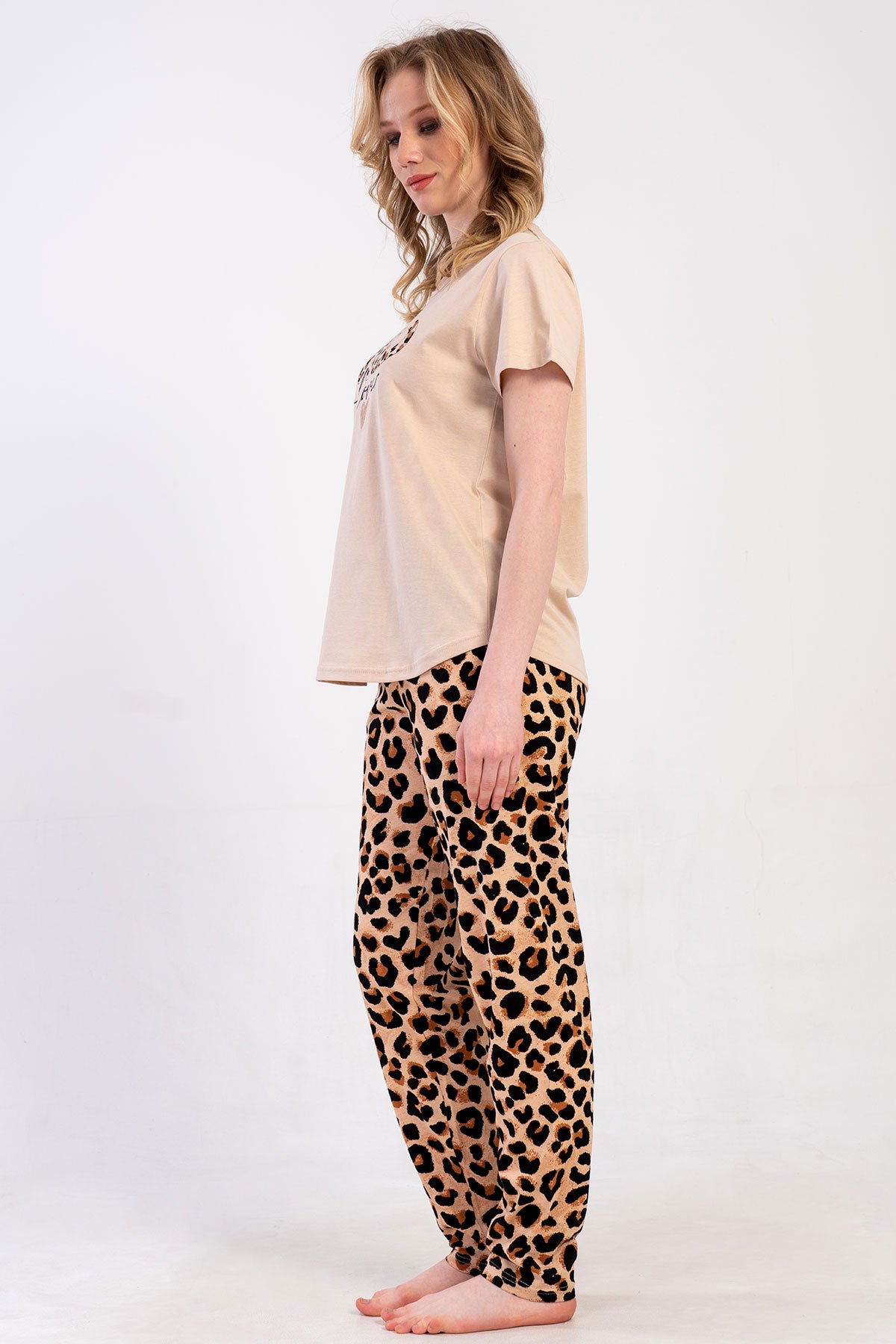 Pınarca Kadın Pijama Takım Büyük Beden Kısa Kollu Pamuklu Bisiklet Yaka Leopar Desenli