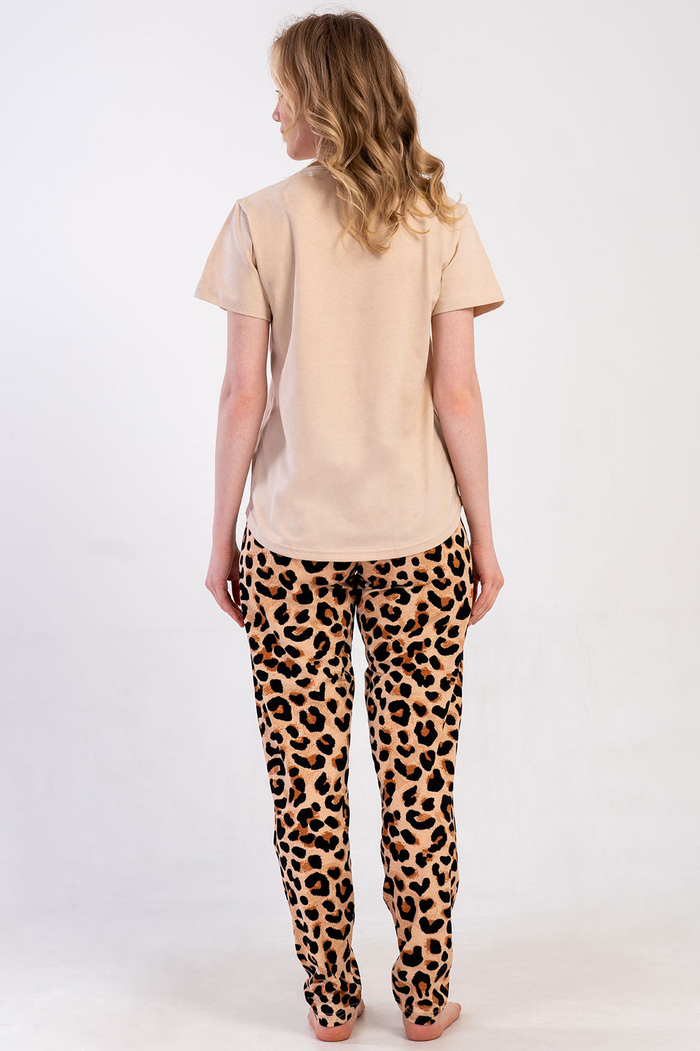 Pınarca Kadın Pijama Takım Büyük Beden Kısa Kollu Pamuklu Bisiklet Yaka Leopar Desenli