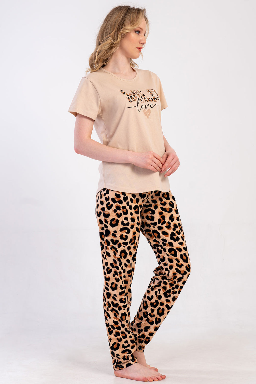 Pınarca Kadın Pijama Takım Büyük Beden Kısa Kollu Pamuklu Bisiklet Yaka Leopar Desenli
