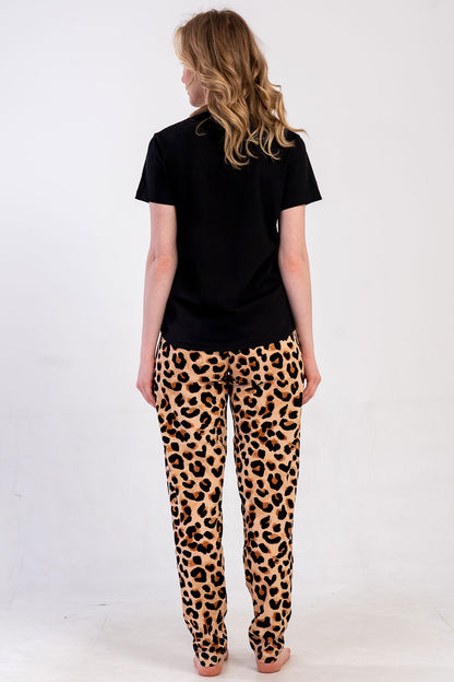 Pınarca Kadın Pijama Takım Büyük Beden Kısa Kollu Pamuklu Bisiklet Yaka Leopar Desenli