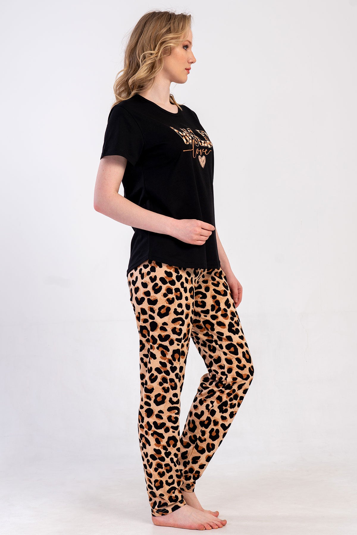 Pınarca Kadın Pijama Takım Büyük Beden Kısa Kollu Pamuklu Bisiklet Yaka Leopar Desenli
