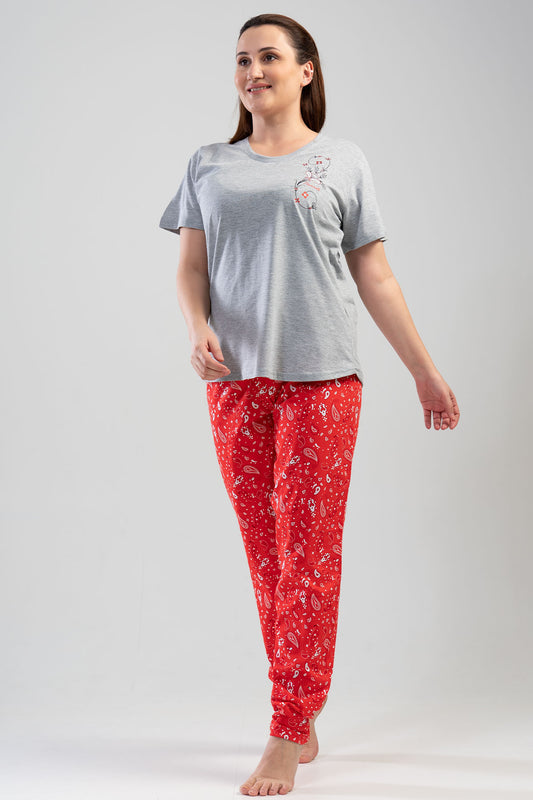 Pınarca Kadın Pijama Takım Büyük Beden Kısa Kollu Pamuklu Bisiklet Yaka Şal Desenli