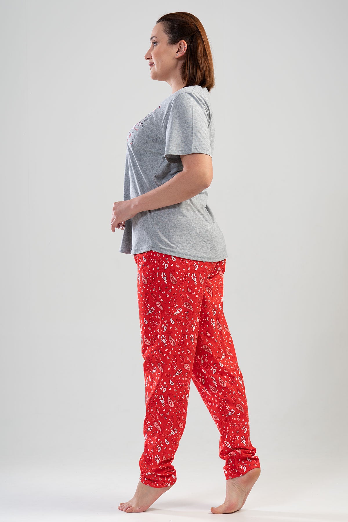 Pınarca Kadın Pijama Takım Büyük Beden Kısa Kollu Pamuklu Bisiklet Yaka Şal Desenli