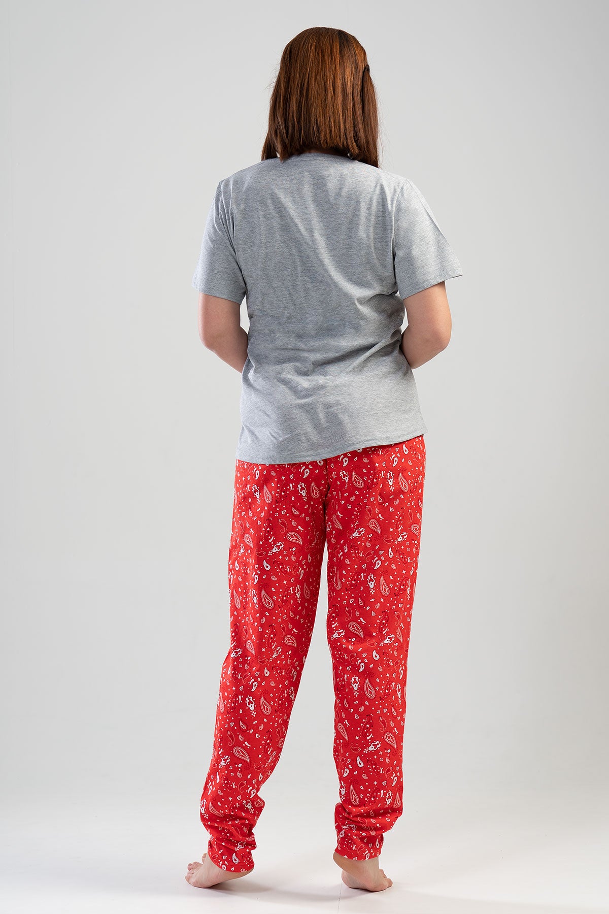 Pınarca Kadın Pijama Takım Büyük Beden Kısa Kollu Pamuklu Bisiklet Yaka Şal Desenli
