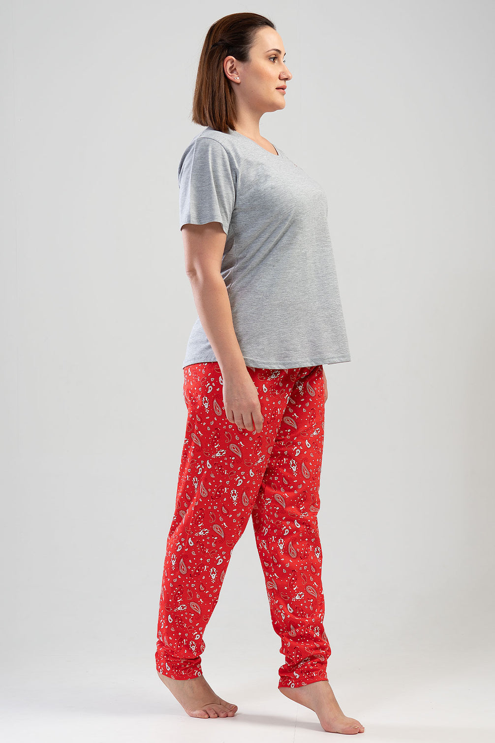 Pınarca Kadın Pijama Takım Büyük Beden Kısa Kollu Pamuklu Bisiklet Yaka Şal Desenli
