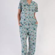 Pınarca Kadın Pijama Takım Büyük Beden Kısa Kollu Pamuklu Gömlek Yaka Çiçek Desenli