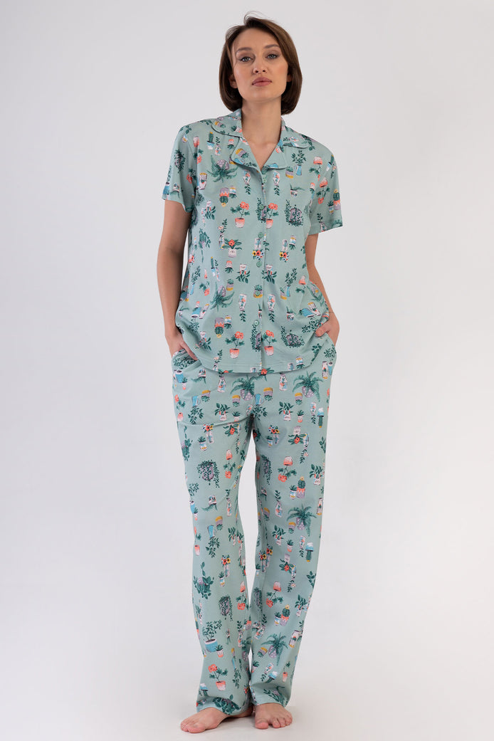 Pınarca Kadın Pijama Takım Büyük Beden Kısa Kollu Pamuklu Gömlek Yaka Çiçek Desenli