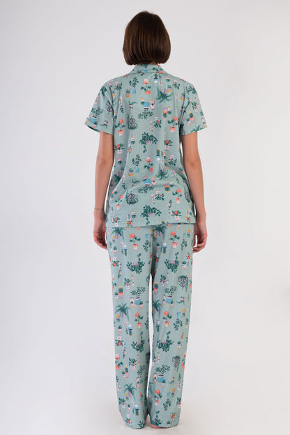 Pınarca Kadın Pijama Takım Büyük Beden Kısa Kollu Pamuklu Gömlek Yaka Çiçek Desenli
