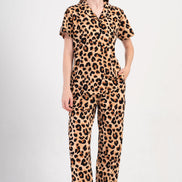 Pınarca Kadın Pijama Takım Büyük Beden Kısa Kollu Pamuklu Gömlek Yaka Leopar Desenli